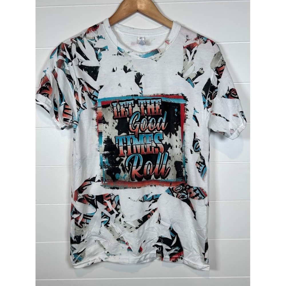 Jerzees Dri-Power Graphic T Shirt Good Times Roll Abstract White Top Small